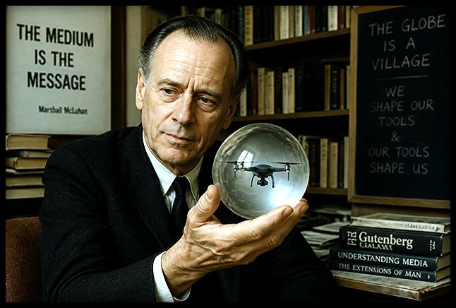 A conceptual image of Marshall McLuhan alongside drone technology.