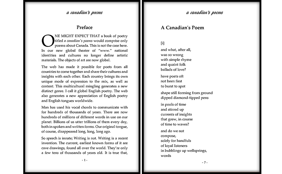 Sample pages from Doug Bentley's poetry collection 'A Canadian's Poems'.