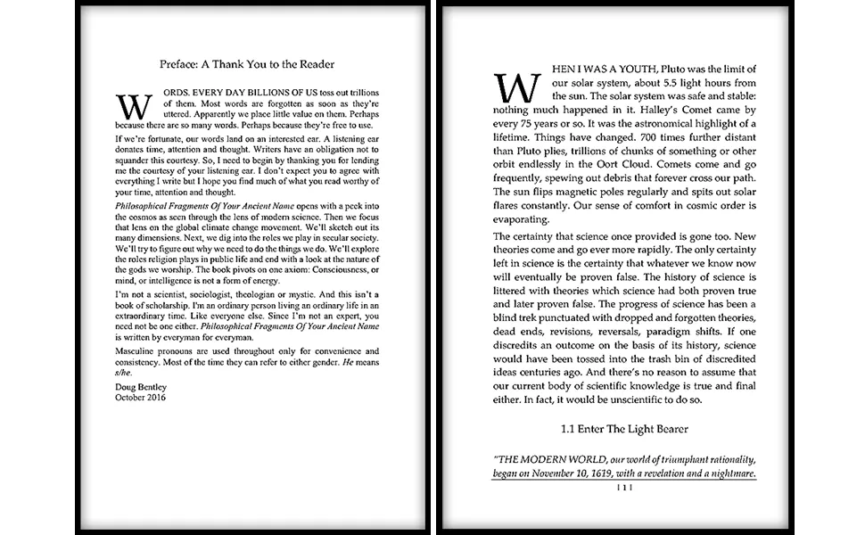 Sample page from 'Philosophical Fragments of Your Ancient Name'.