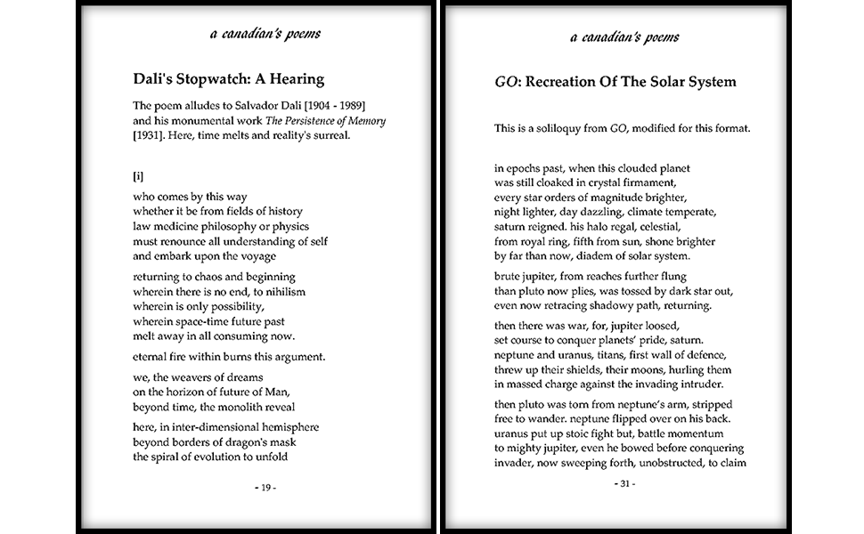 Excerpt from 'A Canadian's Poems' showcasing literary style.