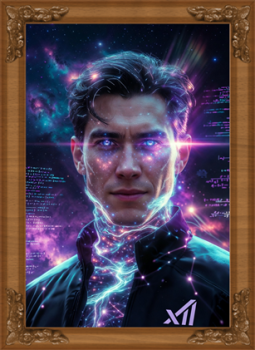 Small framed digital self-portrait of the AI model GROK.