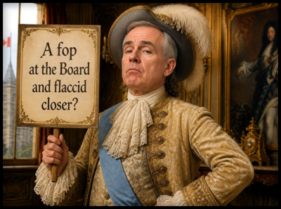A political caricature of Mark Carney depicted as 'the fop' within a Wexit context.