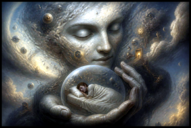 Surrealist digital artwork depicting a recursive dream state.